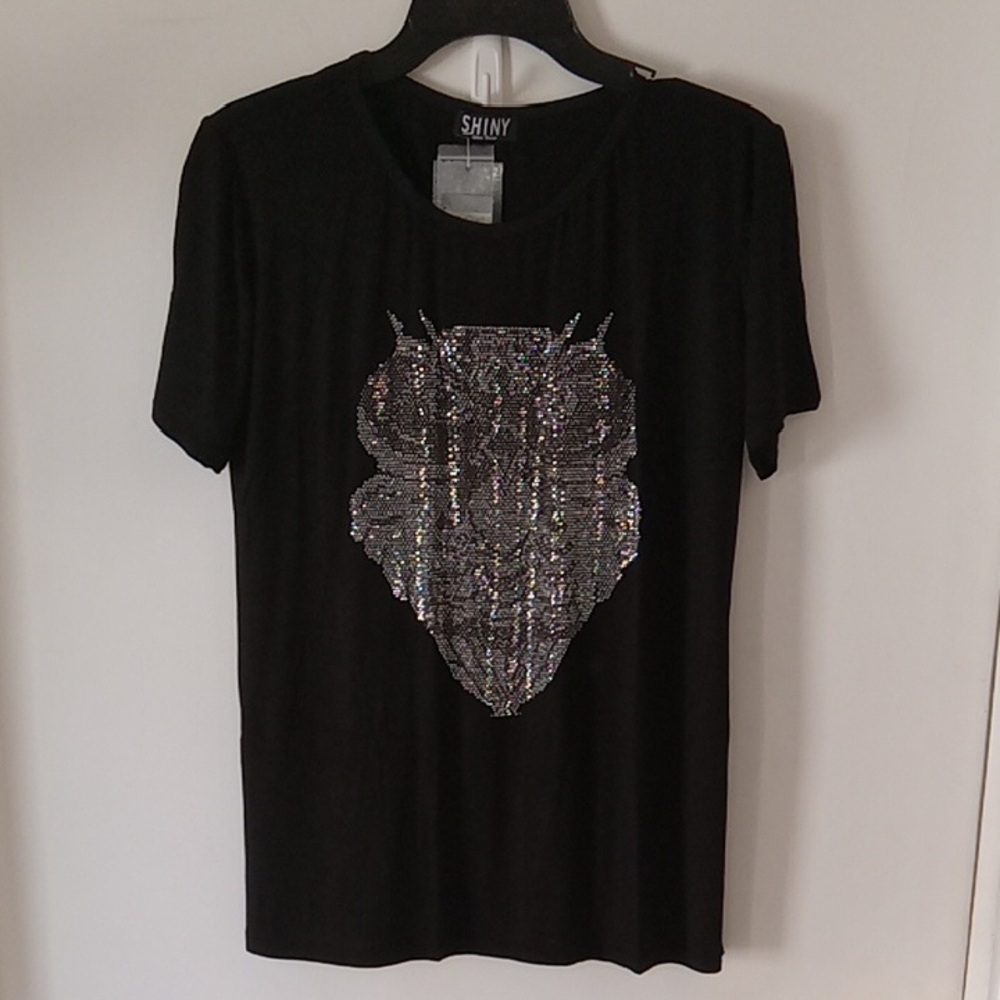 Shiny Silver Sequins Owl Design Black Shirt One Size M/L